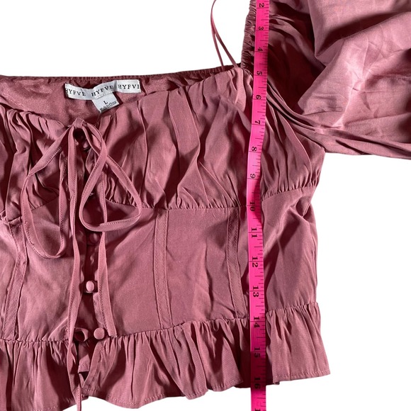 HYFVE Mauve Pink Ruched Bust Tie Front Ruffle Crop Top Long Sleeve Size L - Picture 6 of 7